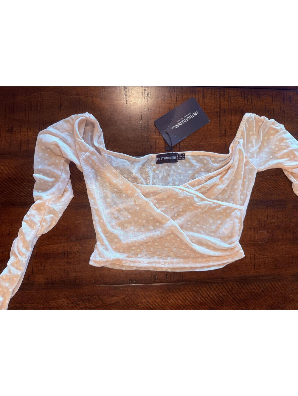 Pretty Little Things Nude Dobby Mesh Ruched Sleeve Bardot - Size 4